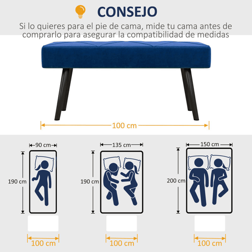 HOMCOM Banco de Pé de Cama Multifuncional Banco de Pé de Cama Moderno Banco de Dormitório com Pés de Aço e Assento Acolchoado Carga Máxima 120 kg Entrada Corredor 100x36x45 cm Azul