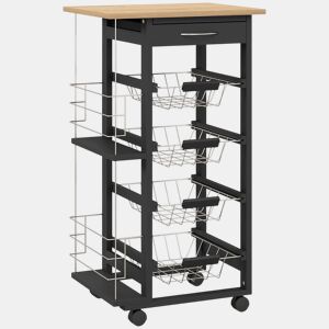 HOMCOM Carrinho de Cozinha com Rodas Carrinho Auxiliar com Gaveta 4 Cestas Amovíveis de Metal e Prateleiras Laterais 47x37x83 cm Preto e Madeira