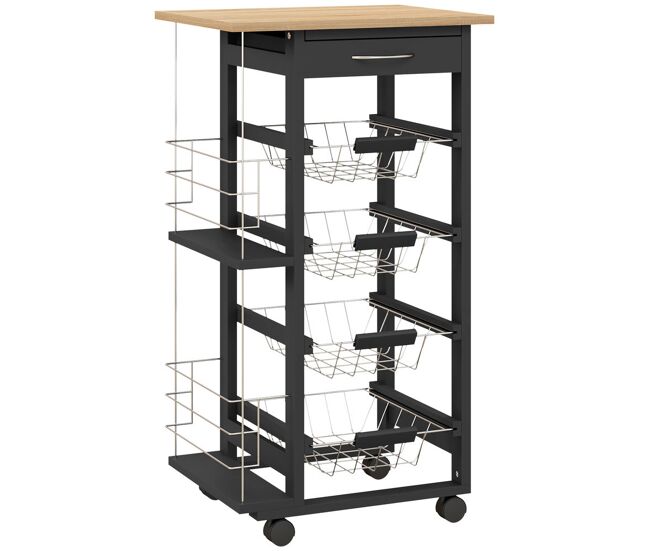 Homcom carrito de cocina con ruedas carrito multiusos con cajón 4 cestas extraíbles de metal y bastidores laterales 47x37x83 cm negro y madera natural