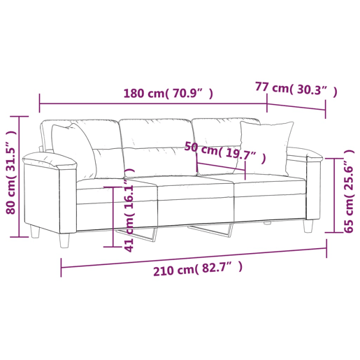 vidaXL Sofá 3 lugares c almofadas 180 cm microfibra cinzento-claro