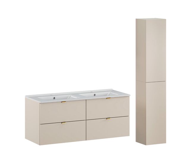 Conjunto de muebles con doble lavabo encastrado 120cm y columna azel cachemira