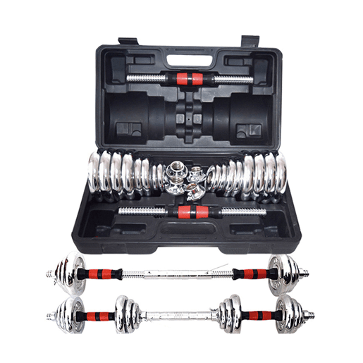 Conjunto completo de musculação para treino em casa. Inclui barra, pesos e discos para um treino de força integral.
