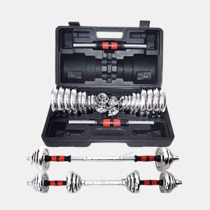 Conjunto completo de musculação para treino em casa. Inclui barra, pesos e discos para um treino de força integral.