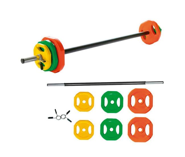 Set de pesas de barra para entrenamiento de fuerza completo. incluye variedad de pesos para ejercicios variados y progresivos.