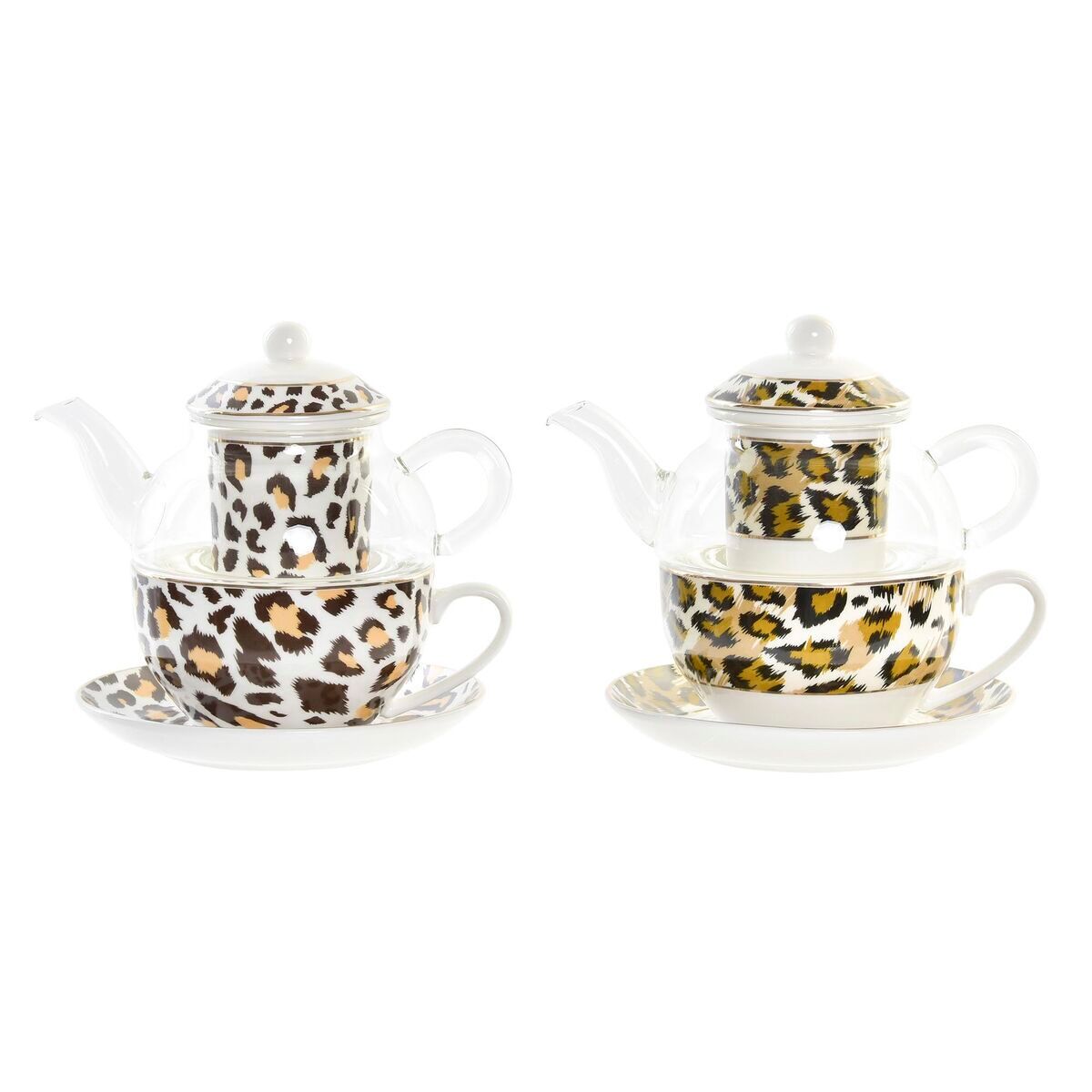 Tetera dkd home decor leopardo cristal porcelana marrón transparente blanco (2 unidades)