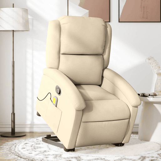 vidaXL Poltrona elevatória de massagens tecido cor creme vidaXL Poltrona elevatória de massagens tecido cor creme