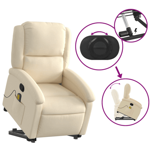 vidaXL Poltrona elevatória de massagens tecido cor creme vidaXL Poltrona elevatória de massagens tecido cor creme