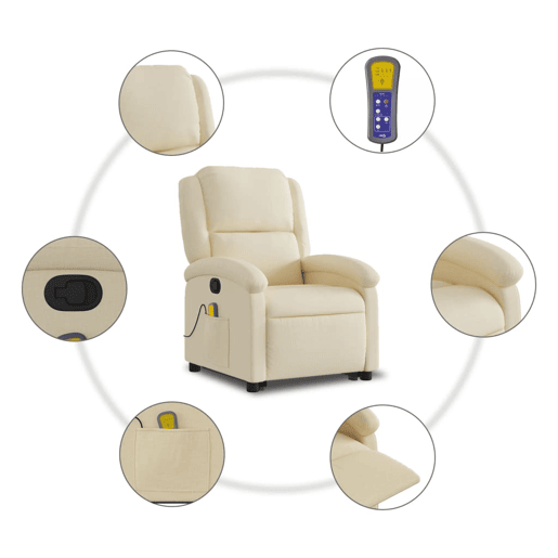 vidaXL Poltrona elevatória de massagens tecido cor creme vidaXL Poltrona elevatória de massagens tecido cor creme