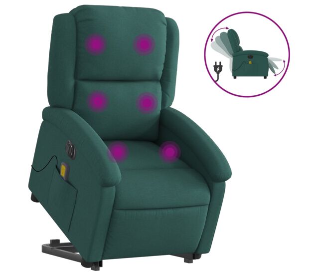 Vidaxl sillón masaje eléctrico reclinable elevable tela verde oscuro