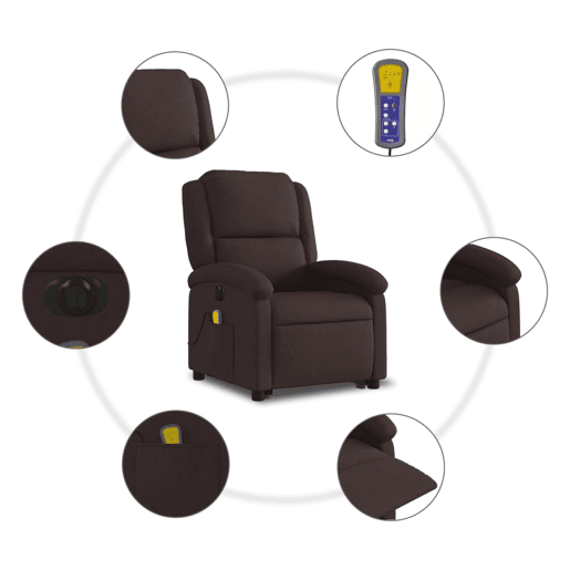 vidaXL Poltrona elétrica elevatória massagens tecido castanho-escuro