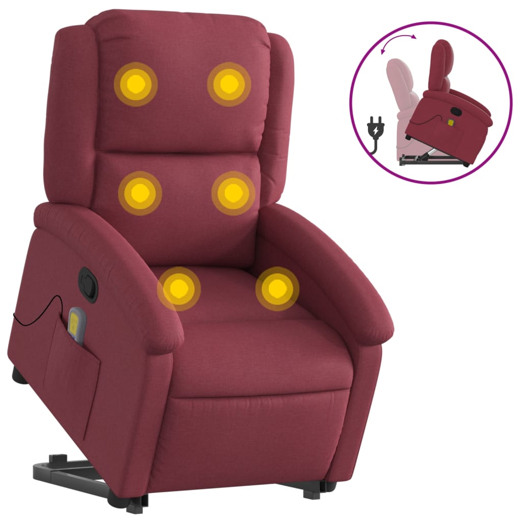 Vidaxl sillón reclinable de masaje elevable tela rojo tinto