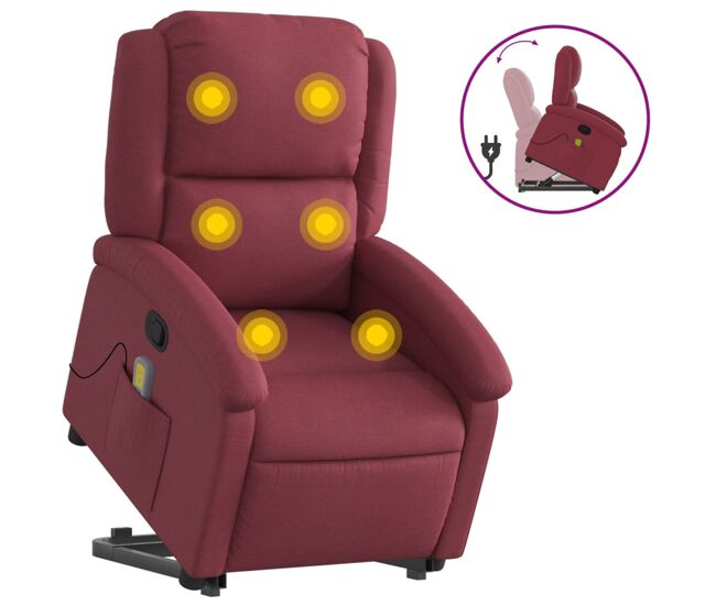 Vidaxl sillón reclinable de masaje elevable tela rojo tinto