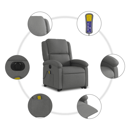 vidaXL Poltrona elétrica elevatória massagens tecido cinzento-escuro