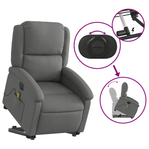 vidaXL Poltrona elétrica elevatória massagens tecido cinzento-escuro