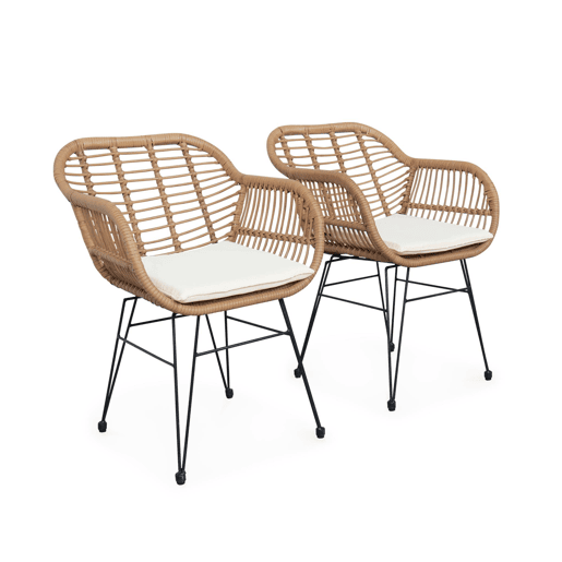 Cadeirão em resina e metal com efeito rattan, set de 2, Wondama, Beige, 66x55.5x82 cm