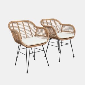 Cadeirão em resina e metal com efeito rattan, set de 2, Wondama, Beige, 66x55.5x82 cm
