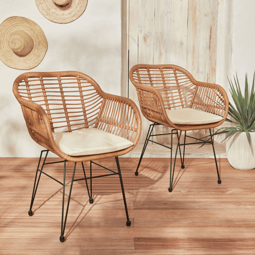 Cadeirão em resina e metal com efeito rattan, set de 2, Wondama, Beige, 66x55.5x82 cm