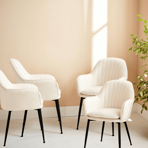 Cadeirão boucle com pernas de metal, set de 4, Shella boucle, Boucle branco, 57x59x84.5 cm