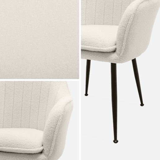 Cadeirão boucle com pernas de metal, set de 4, Shella boucle, Boucle branco, 57x59x84.5 cm