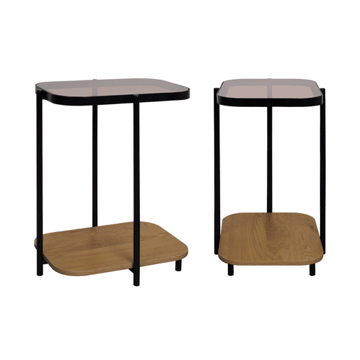 Mesa de apoio para sofá de metal preto vintage, set de 2, Smooky, Natural, 48.8x37x60 cm