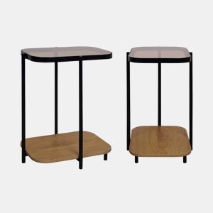 Mesa de apoio para sofá de metal preto vintage, set de 2, Smooky, Natural, 48.8x37x60 cm