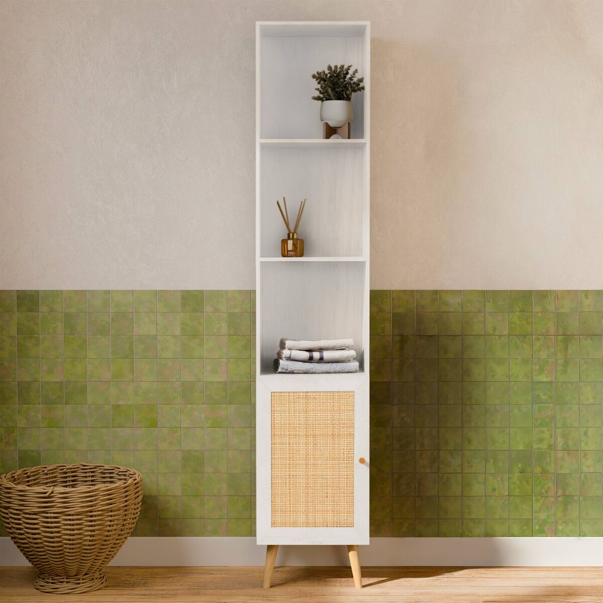 Columna de almacenamiento para baño con 3 estantes, boheme, blanco roto, 35x25x167 cm
