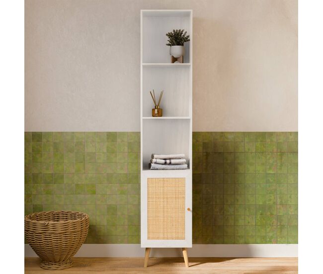 Columna de almacenamiento para baño con 3 estantes, boheme, blanco roto, 35x25x167 cm