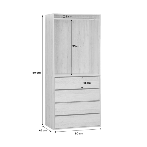 Módulo de roupeiro com 4 gavetas e 1 espaço para pendurar, Modulo, Madeira de nogueira, 80x45x180 cm