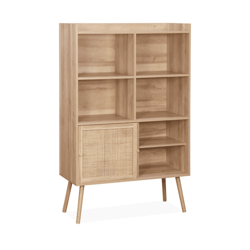 Estante com efeito de madeira e cana de 5 prateleiras, Boheme, Natural, 100x40x152 cm