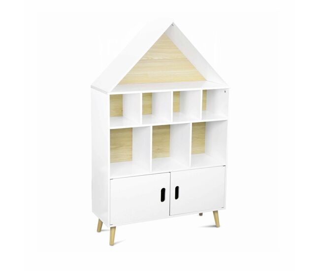 Librería infantil de madera con 8 compartimentos y 2 puertas, tobias, blanco, 80.5x30x133 cm