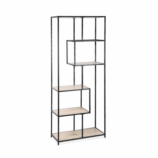 Estante com efeito de metal e madeira, 6 níveis, Loft, Preto, 77x33x185 cm