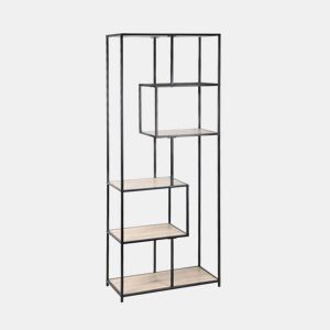 Estante com efeito de metal e madeira, 6 níveis, Loft, Preto, 77x33x185 cm