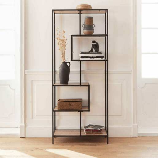 Estante com efeito de metal e madeira, 6 níveis, Loft, Preto, 77x33x185 cm