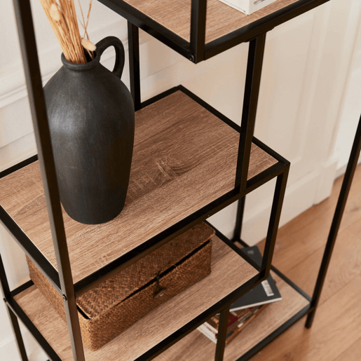 Estante com efeito de metal e madeira, 6 níveis, Loft, Preto, 77x33x185 cm