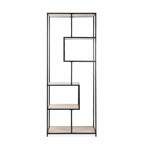 Estante com efeito de metal e madeira, 6 níveis, Loft, Preto, 77x33x185 cm