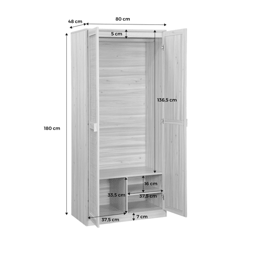 Roupeiro de 2 portas com efeito cana e madeira, Camargue, 80x48x180 cm
