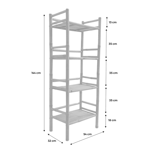Prateleira de bambu 4 níveis, 144cm, Fidji, Natural, 54x32x144 cm