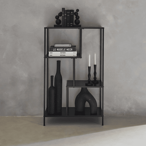 Estante assimétrica em metal preto com 4 prateleiras, Industrielle, Preto, 69x33x113.5 cm