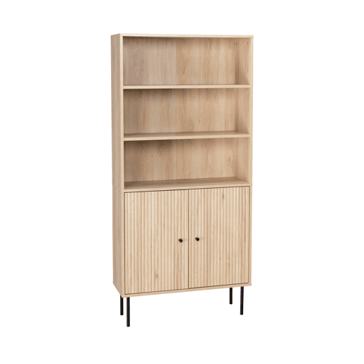 Estante em madeira e metal preto de 2 portas, Braga, Natural, 29x80x170.5 cm