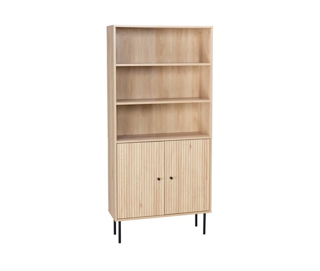 Librería de madera y metal negro con 2 puertas, braga, natural, 29x80x170.5 cm