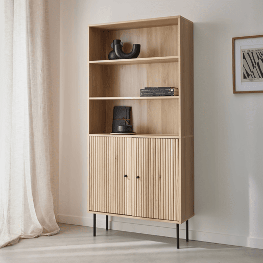 Estante em madeira e metal preto de 2 portas, Braga, Natural, 29x80x170.5 cm