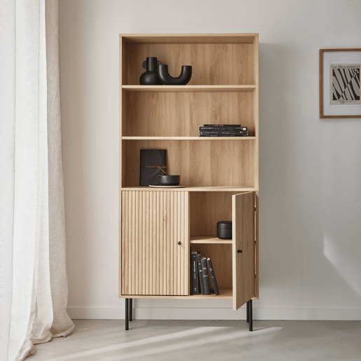 Estante em madeira e metal preto de 2 portas, Braga, Natural, 29x80x170.5 cm