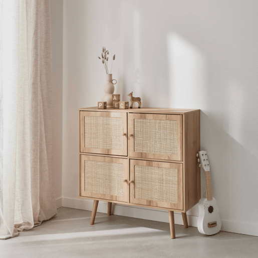 Cómoda para crianças com efeito de madeira, 4 portas, Boheme kids, Natural, 80x30x80 cm