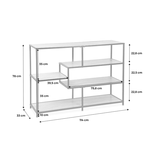 Estante com efeito de metal e madeira, 5 níveis, Loft, Madeira, 114x33x78 cm