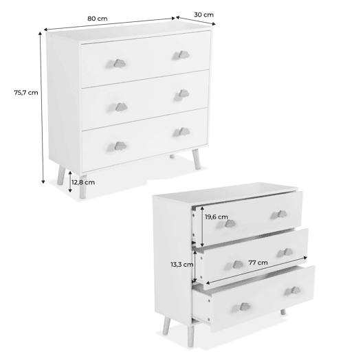 Cómoda de criança, 3 gavetas, Nephos, Branco, 80x30x75.7 cm