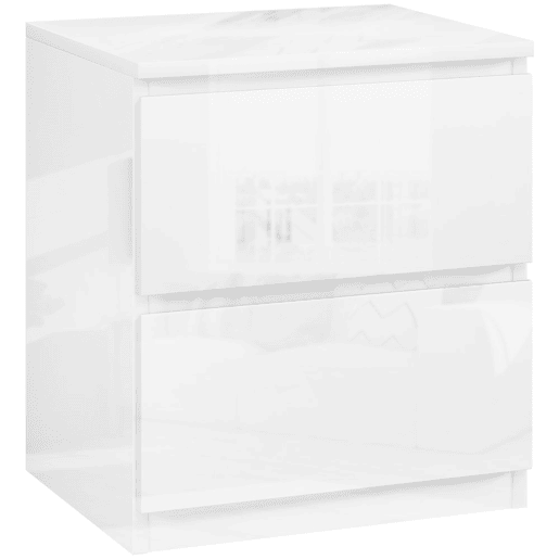 HOMCOM Mesa de Cabeceira Moderna Mesa de Cabeceira com 2 Gavetas Mesa de Cabeceira para Dormitório 40x34x45 cm Branco Brilhante