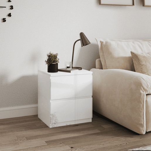 HOMCOM Mesa de Cabeceira Moderna Mesa de Cabeceira com 2 Gavetas Mesa de Cabeceira para Dormitório 40x34x45 cm Branco Brilhante