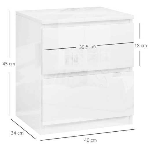HOMCOM Mesa de Cabeceira Moderna Mesa de Cabeceira com 2 Gavetas Mesa de Cabeceira para Dormitório 40x34x45 cm Branco Brilhante