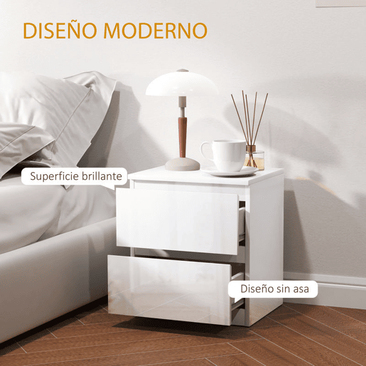 HOMCOM Mesa de Cabeceira Moderna Mesa de Cabeceira com 2 Gavetas Mesa de Cabeceira para Dormitório 40x34x45 cm Branco Brilhante