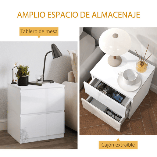 HOMCOM Mesa de Cabeceira Moderna Mesa de Cabeceira com 2 Gavetas Mesa de Cabeceira para Dormitório 40x34x45 cm Branco Brilhante
